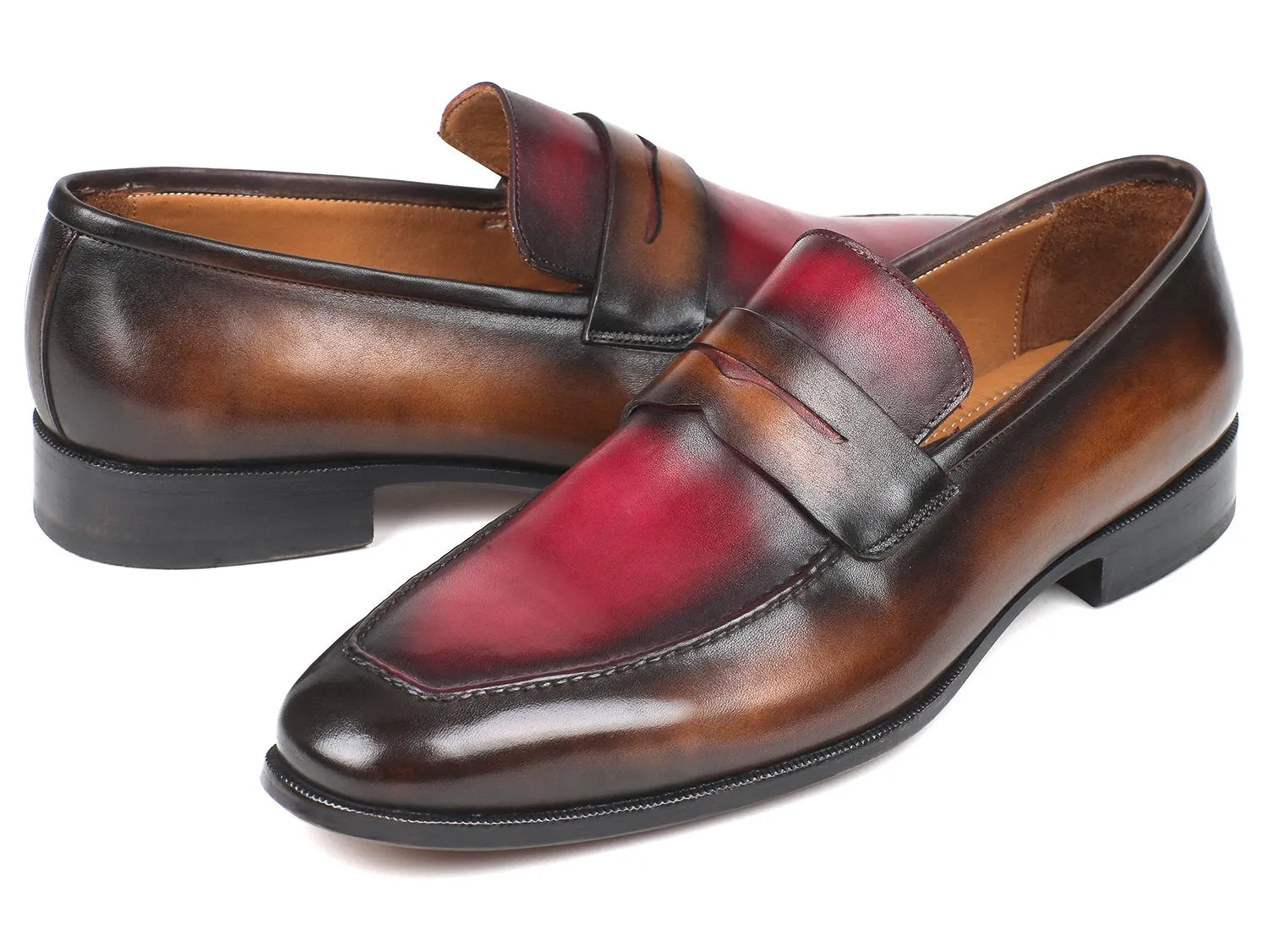 Paul Parkman Chaussures Paul Parkman Mocassins en Cuir Peints à la Main pour Hommes en Marron & Bordeaux