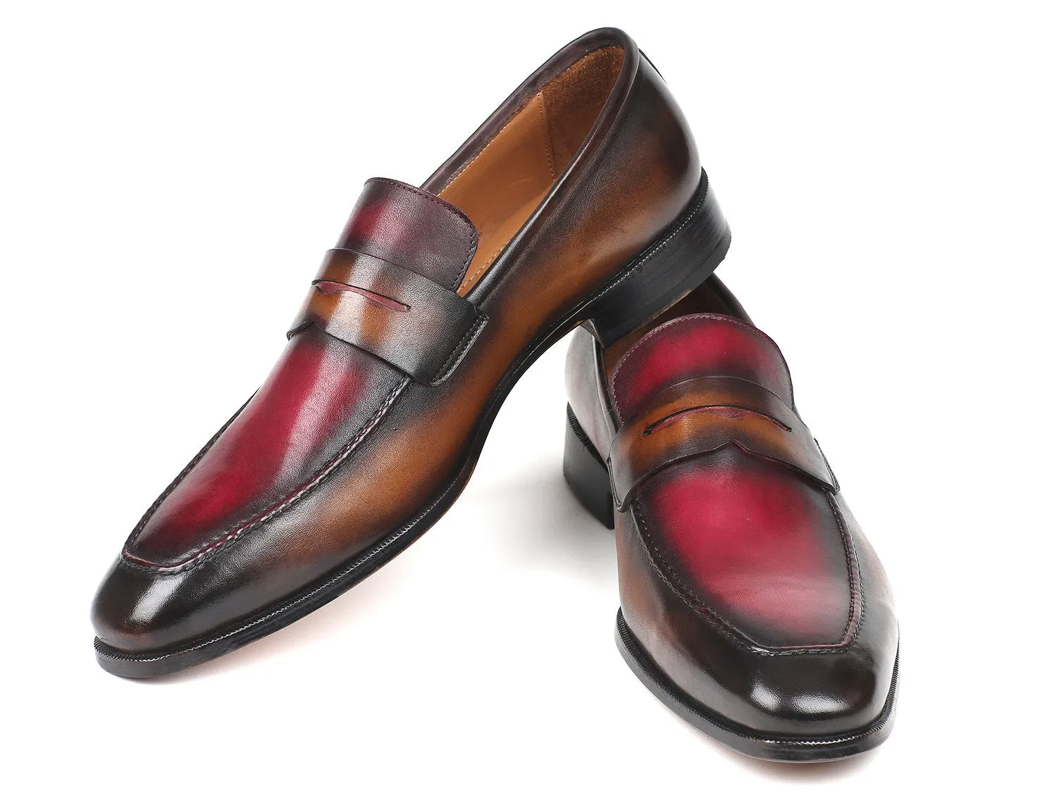 Paul Parkman Chaussures Paul Parkman Mocassins en Cuir Peints à la Main pour Hommes en Marron & Bordeaux