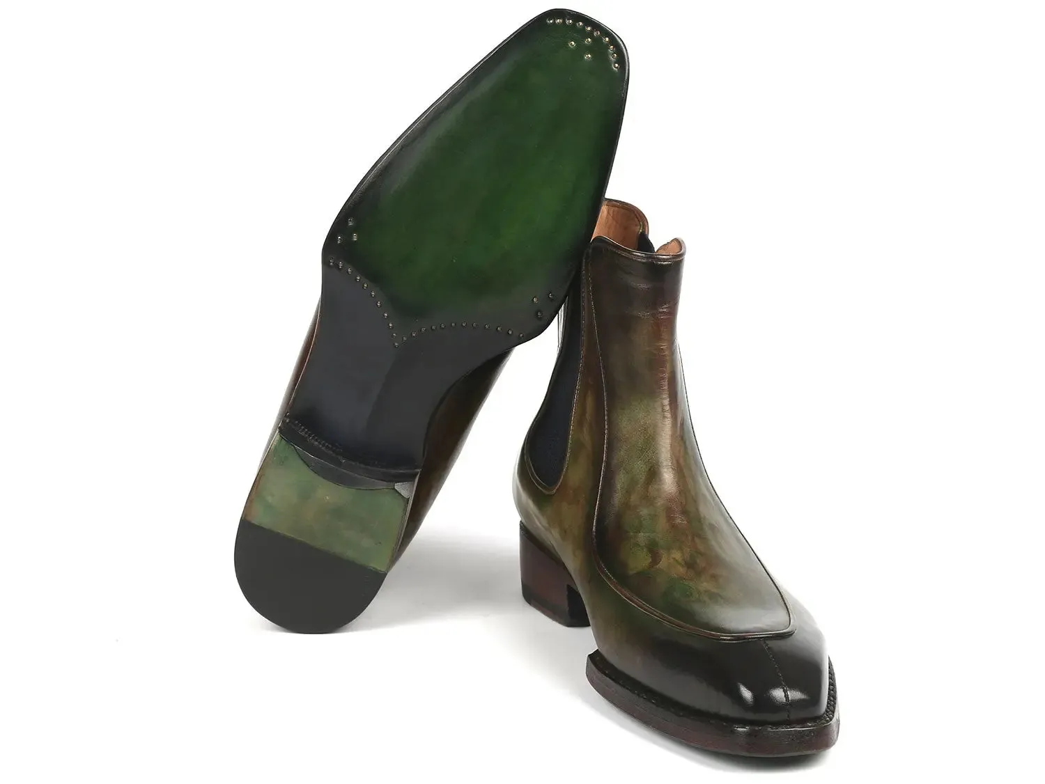 Paul Parkman Chaussures Bottes Chelsea pour Hommes Peintes à la Main par Paul Parkman avec Goodyear Welted en Vert