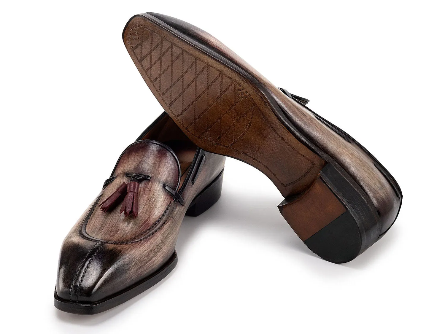 Paul Parkman Chaussures Paul Parkman Mocassins à Pompons en Cuir Patiné avec Embout Fendu pour Hommes en Marron