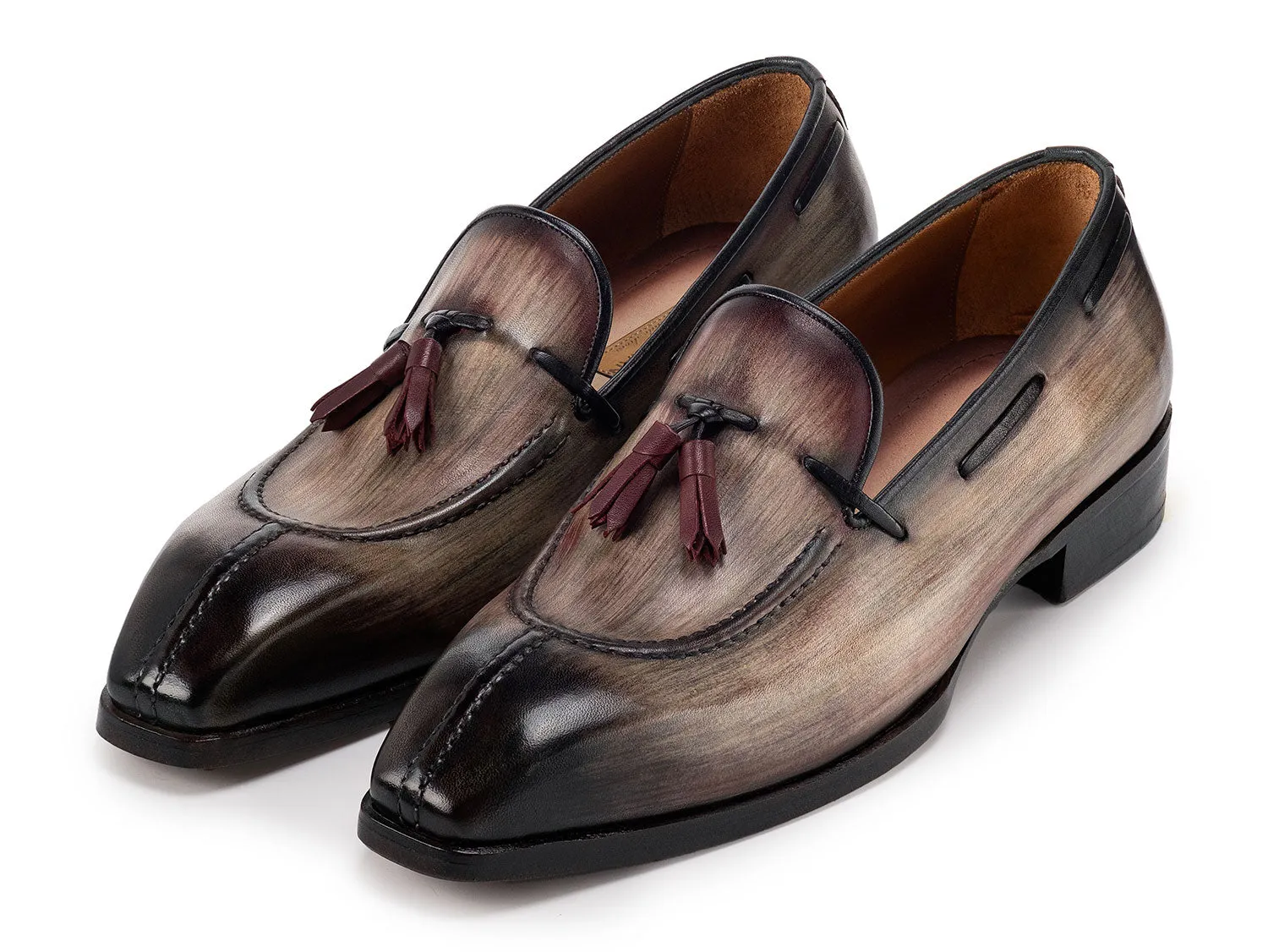 Paul Parkman Chaussures Paul Parkman Mocassins à Pompons en Cuir Patiné avec Embout Fendu pour Hommes en Marron