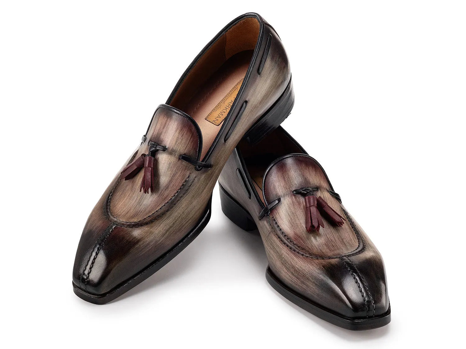Paul Parkman Chaussures Paul Parkman Mocassins à Pompons en Cuir Patiné avec Embout Fendu pour Hommes en Marron
