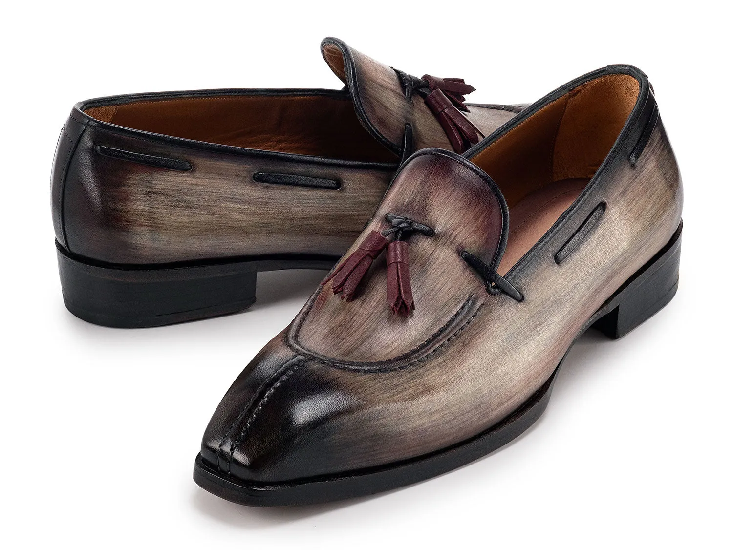Paul Parkman Chaussures Paul Parkman Mocassins à Pompons en Cuir Patiné avec Embout Fendu pour Hommes en Marron