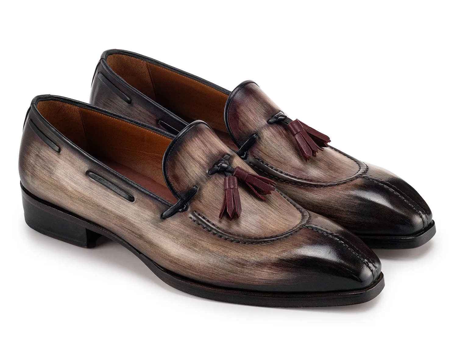 Paul Parkman Chaussures Paul Parkman Mocassins à Pompons en Cuir Patiné avec Embout Fendu pour Hommes en Marron