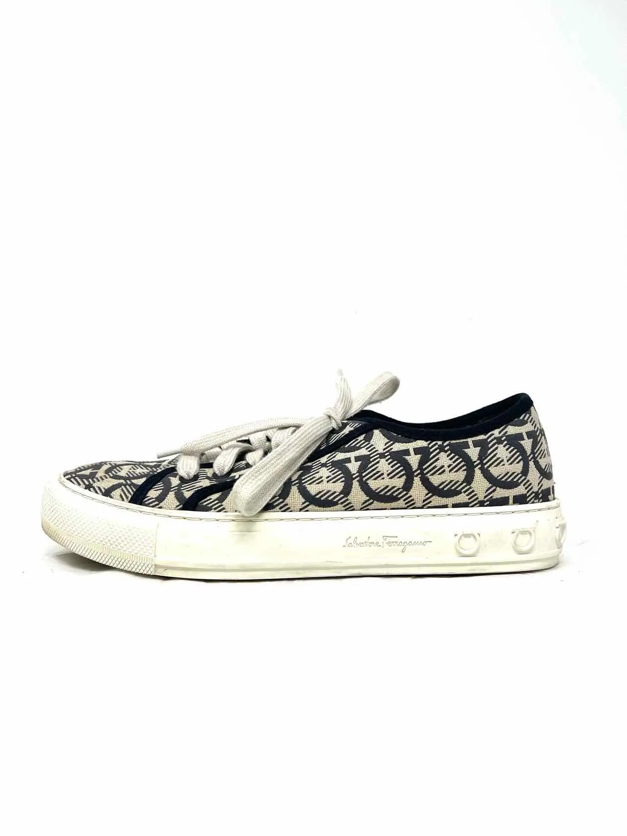 Salvatore Ferragamo Taille 8.5 Beige/Noir Lacets Signature Chaussures Sneakers Telles Quelles