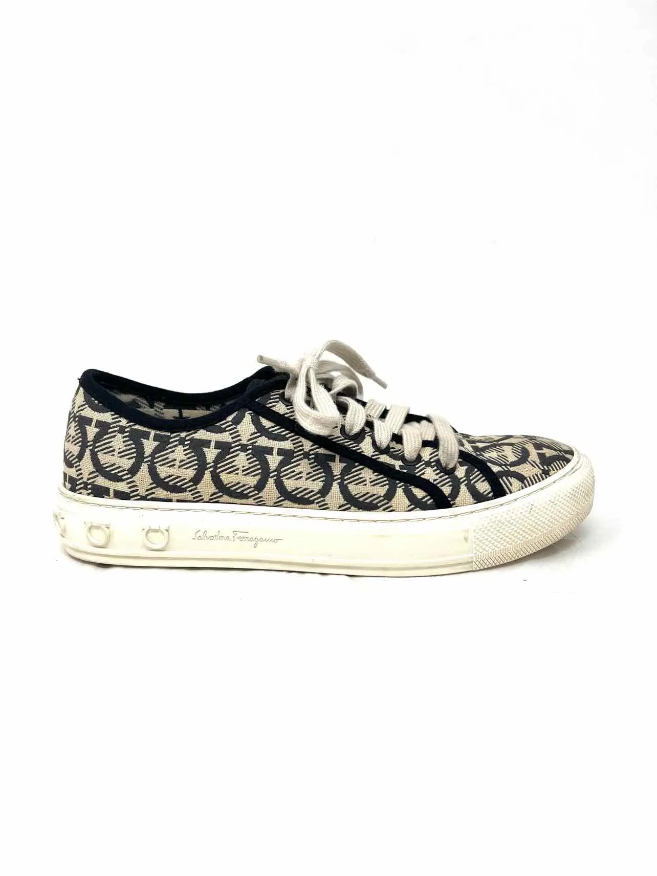 Salvatore Ferragamo Taille 8.5 Beige/Noir Lacets Signature Chaussures Sneakers Telles Quelles