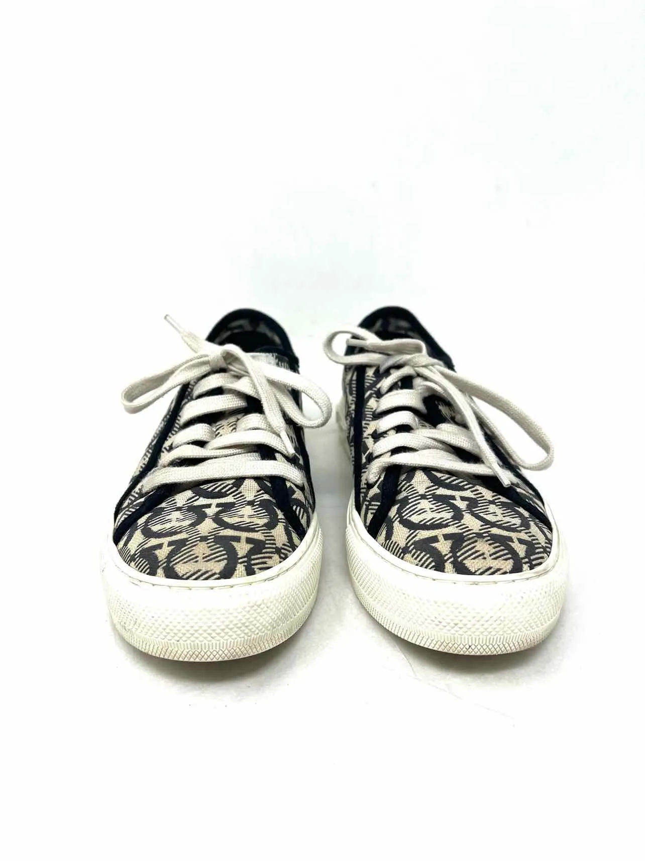 Salvatore Ferragamo Taille 8.5 Beige/Noir Lacets Signature Chaussures Sneakers Telles Quelles