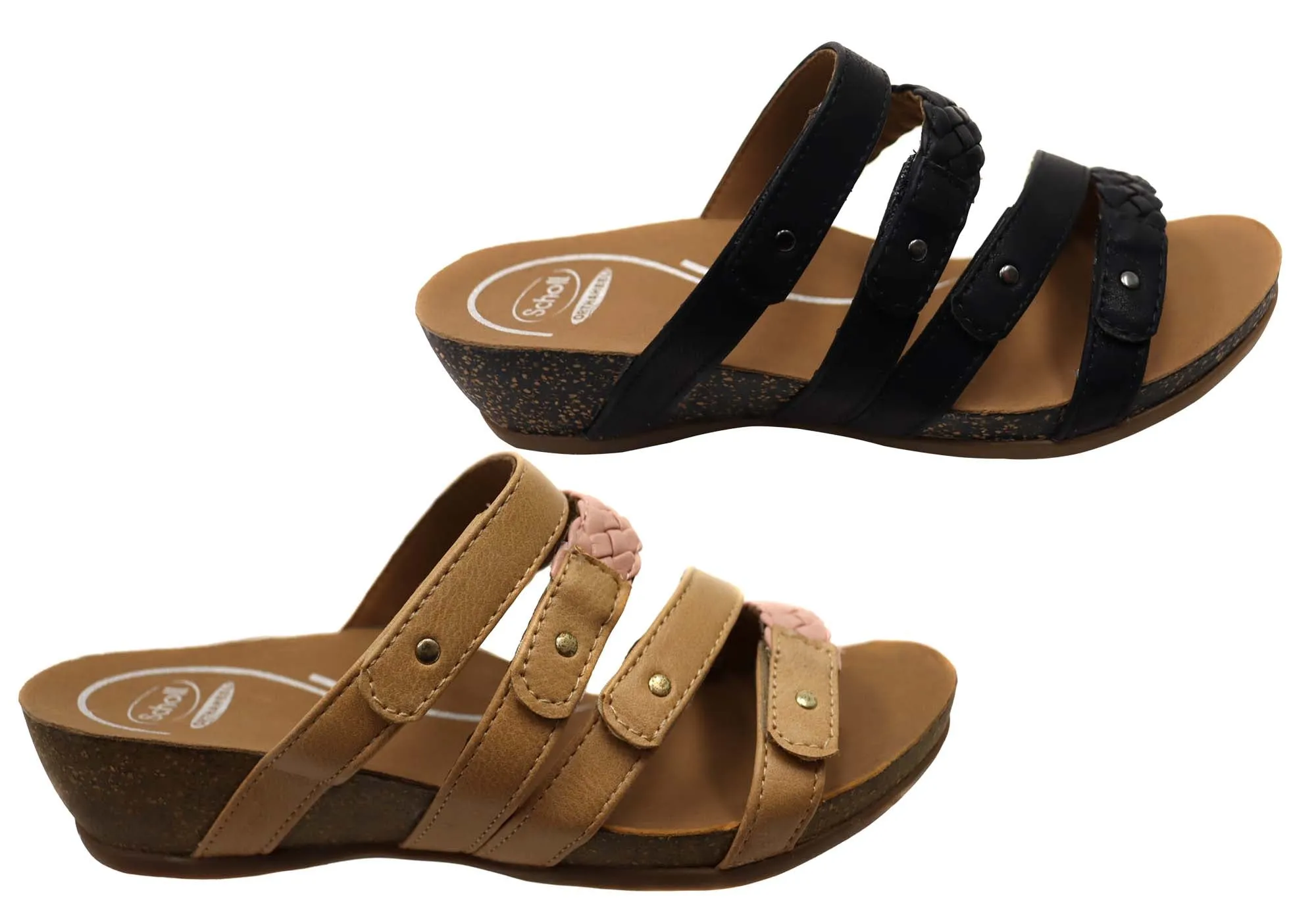 Scholl Orthaheel Jane Sandales à Glissement Femme à Talon Larges et Confortables Chaussures Scholl Orthaheel