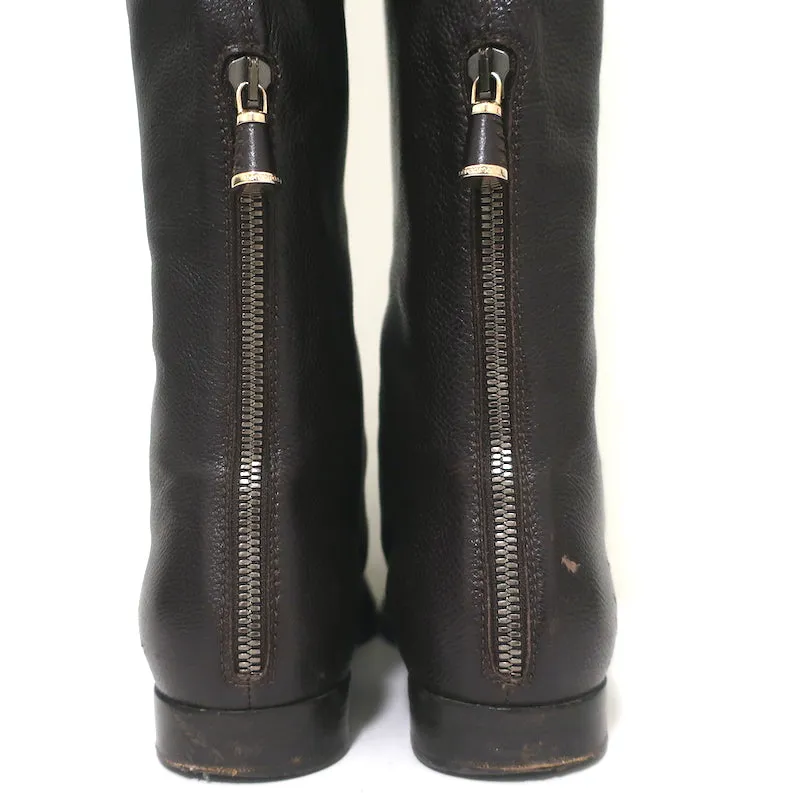 Bottes plates Sergio Rossi montantes en cuir grainé marron foncé taille 37