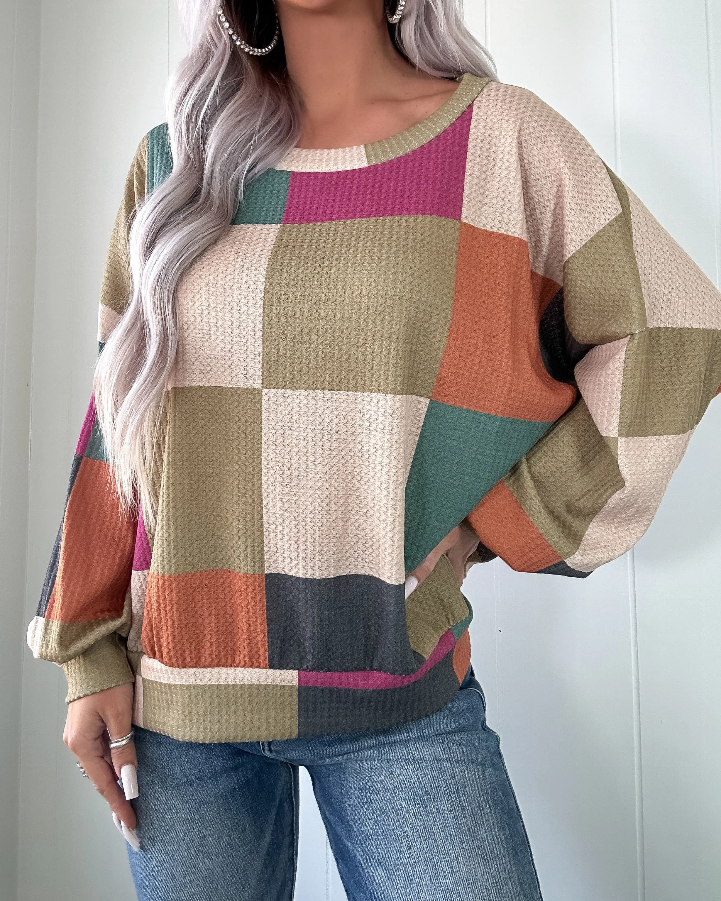 Pull à capuche à carreaux doux et simple - Olive/Bleu sarcelle