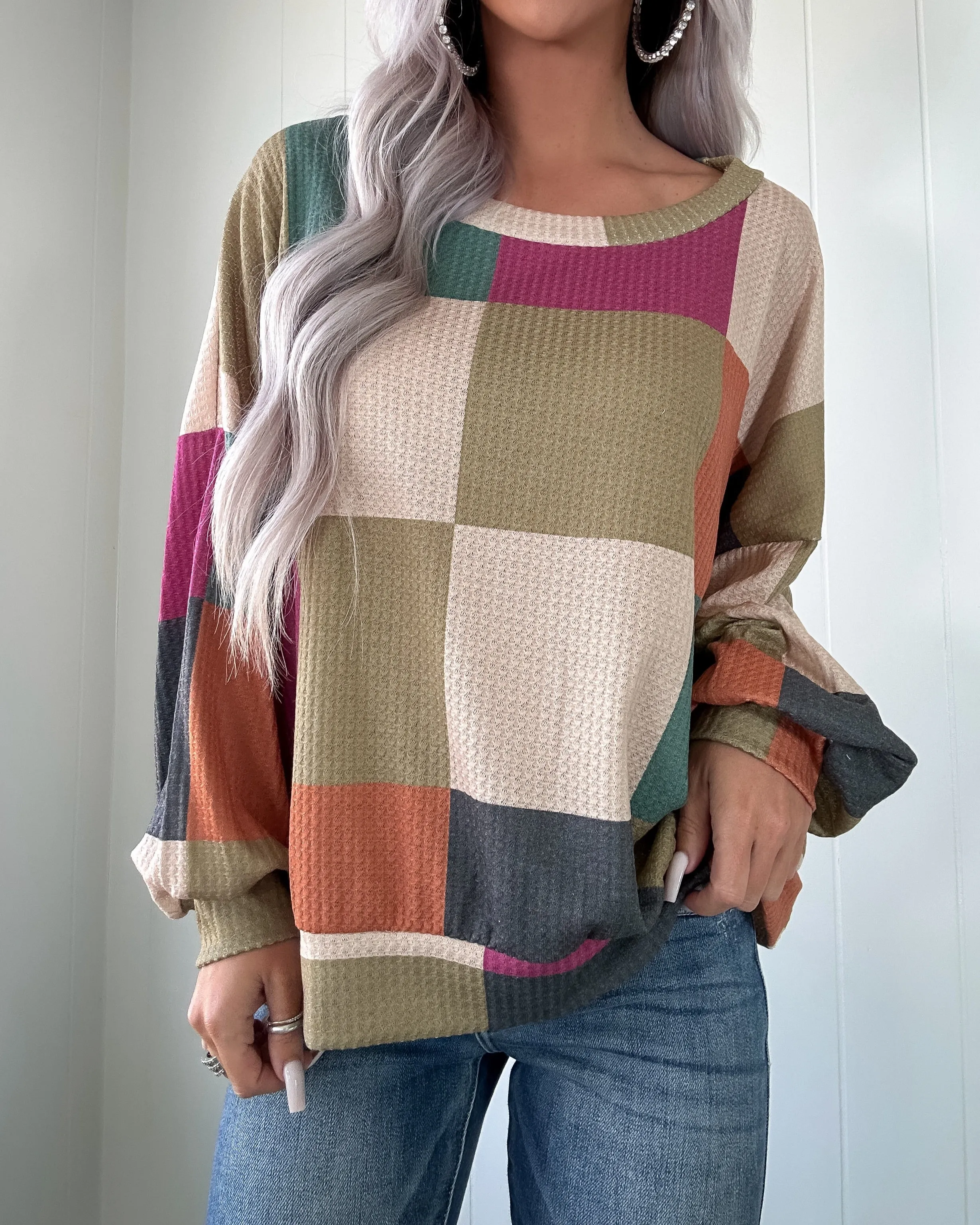 Pull à capuche à carreaux doux et simple - Olive/Bleu sarcelle