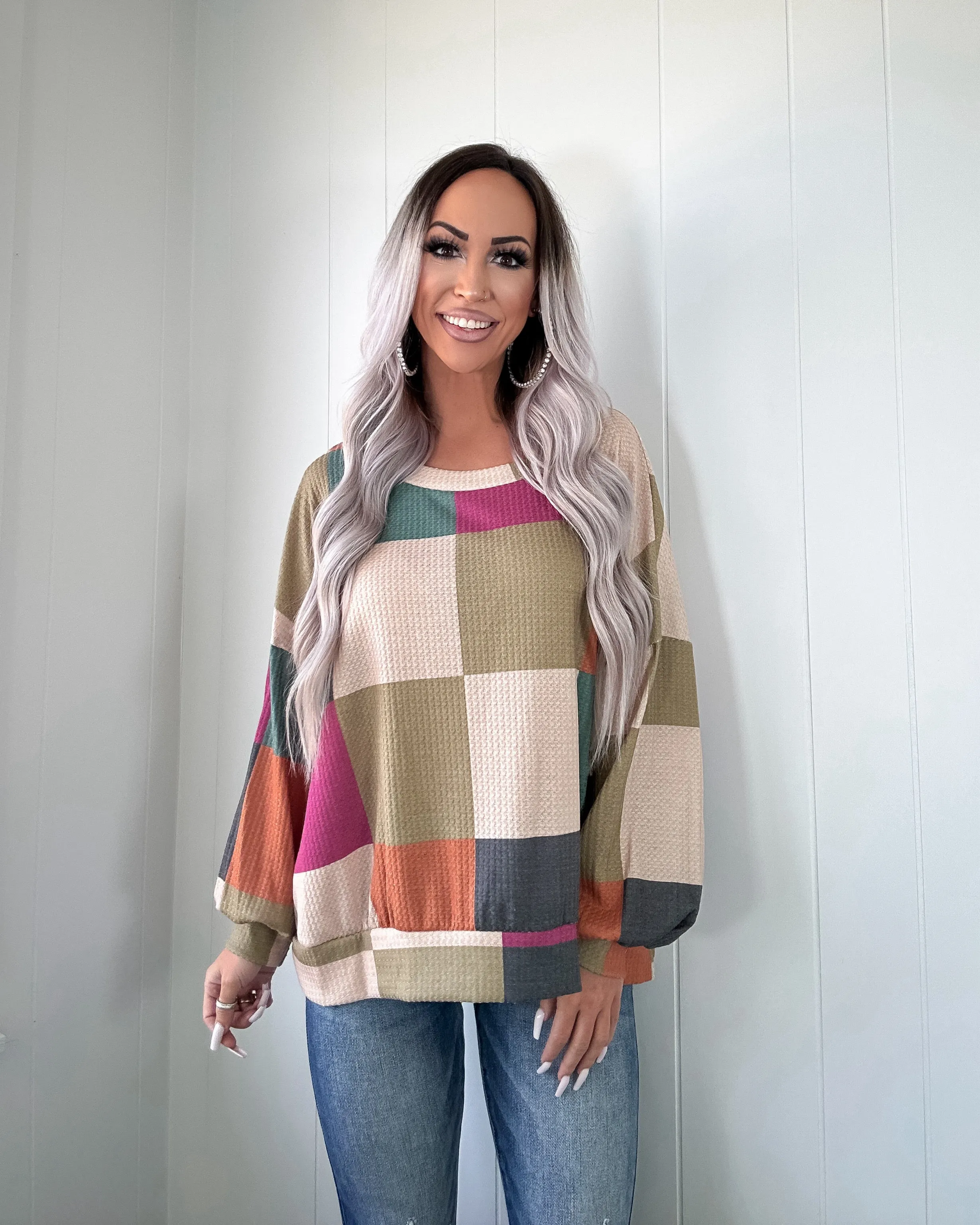 Pull à capuche à carreaux doux et simple - Olive/Bleu sarcelle