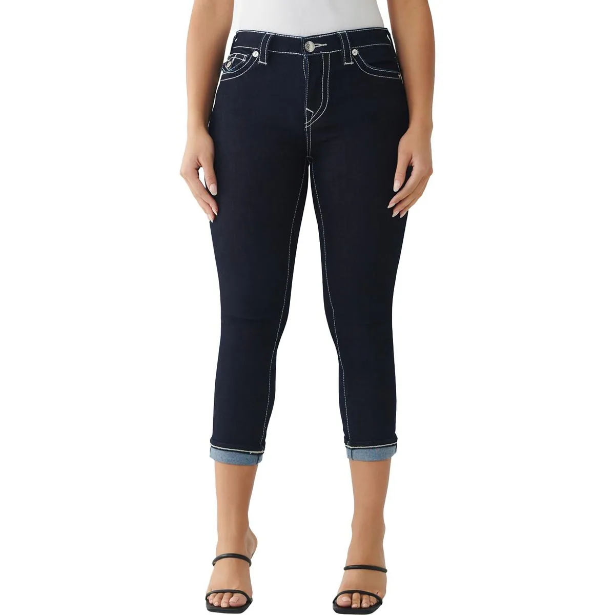 True Religion Femme Capri Jeans Brodés à Taille Moyenne