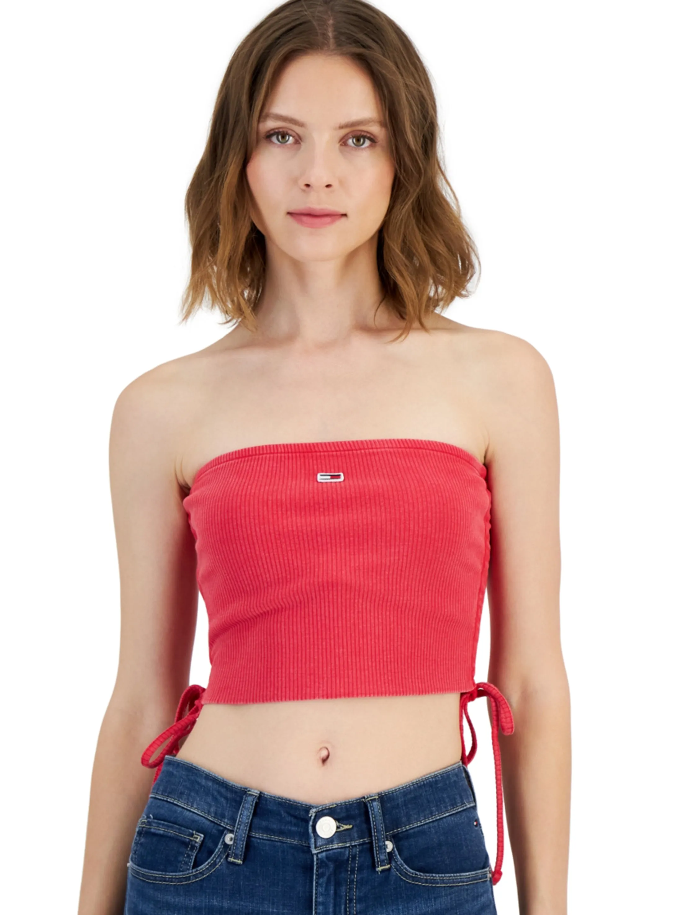 Haut court brodé du logo de la marque avec ruchés latéraux, Rouge