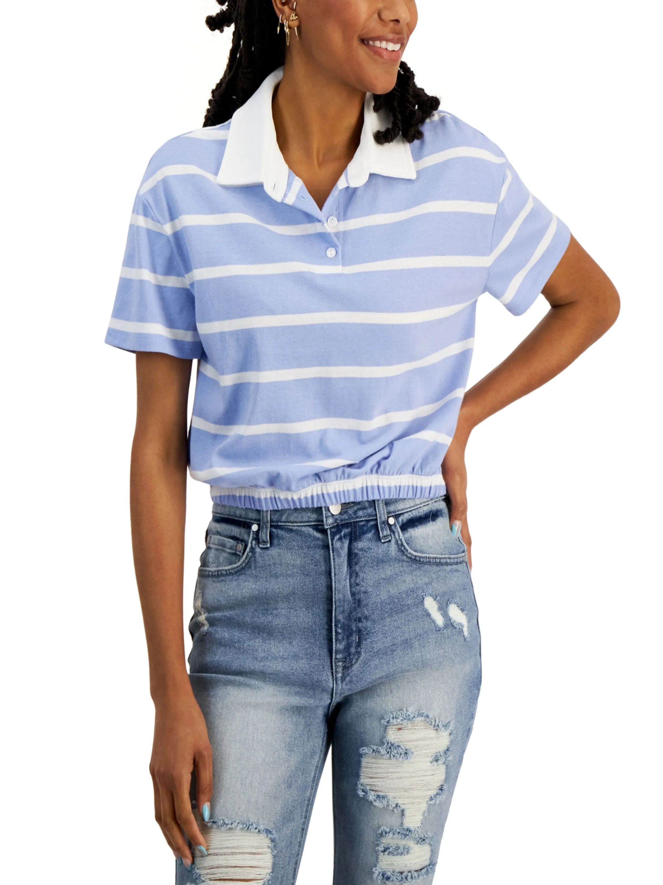 Polo à col rayé pour femme, Bleu/Blanc