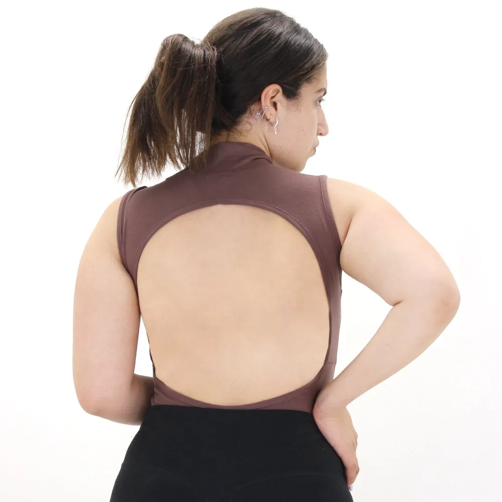 Bodysuit Femme Col Ras du Cou Dos Nu, Marron