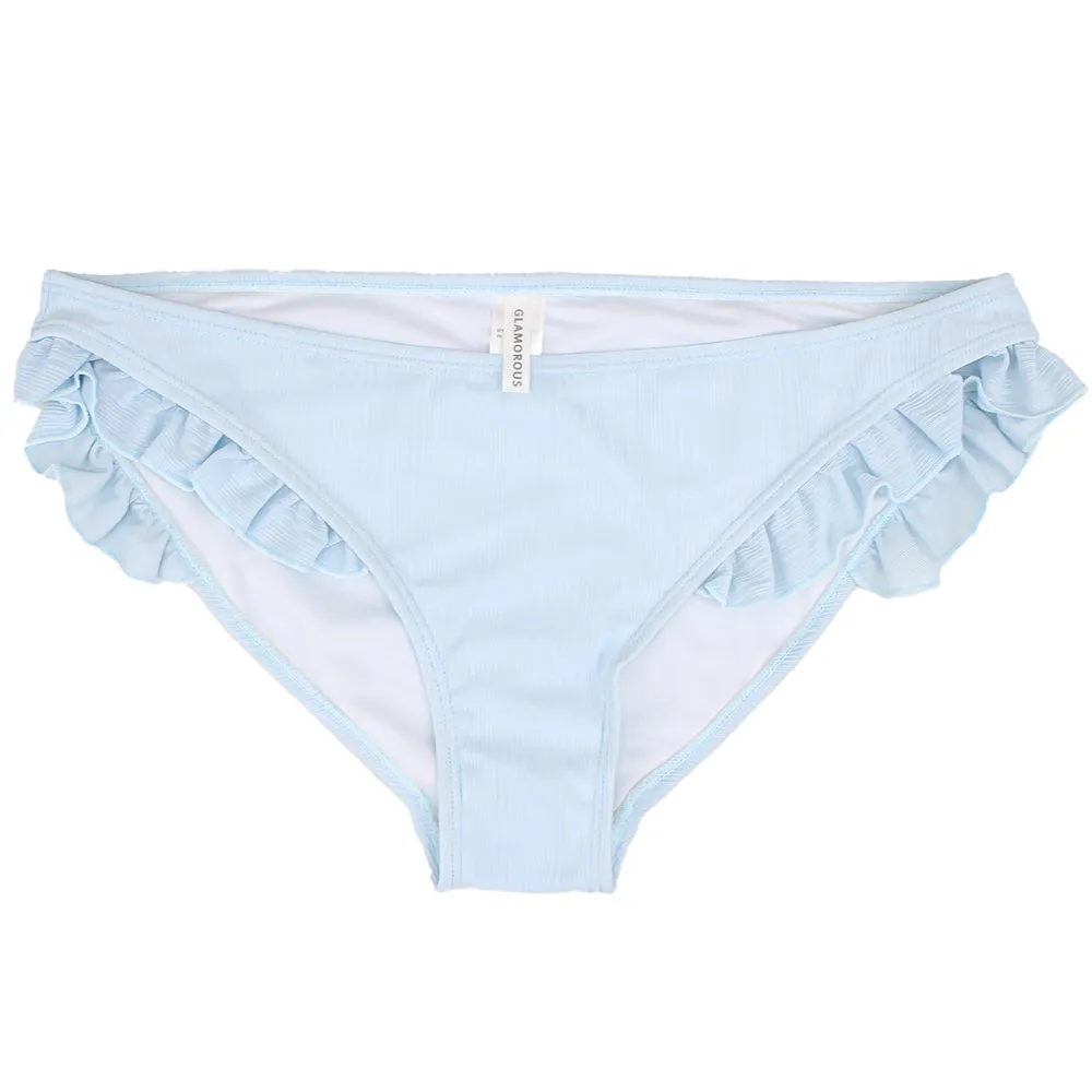 Culotte de Bikini à Volants Latéraux Côtelés, Bleu Clair