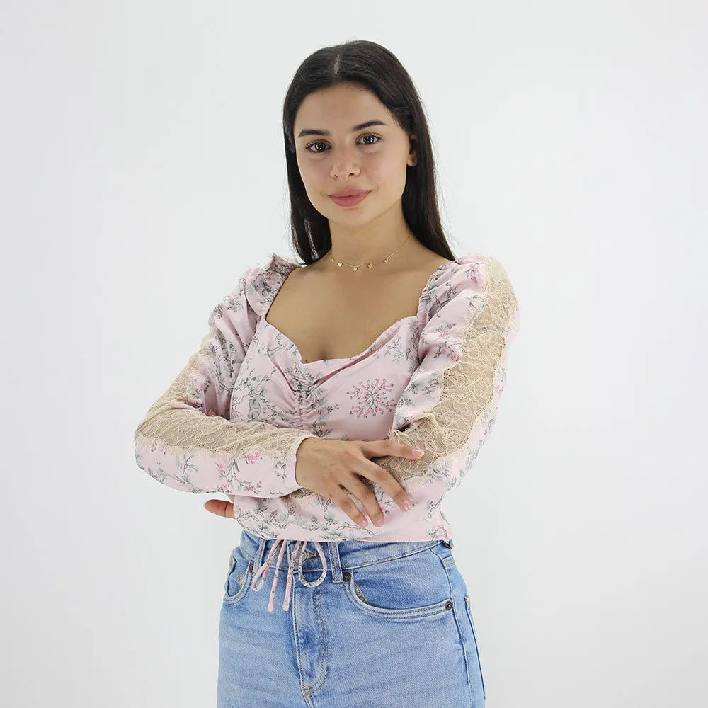 Haut à manches en dentelle motif pour femmes, rose clair