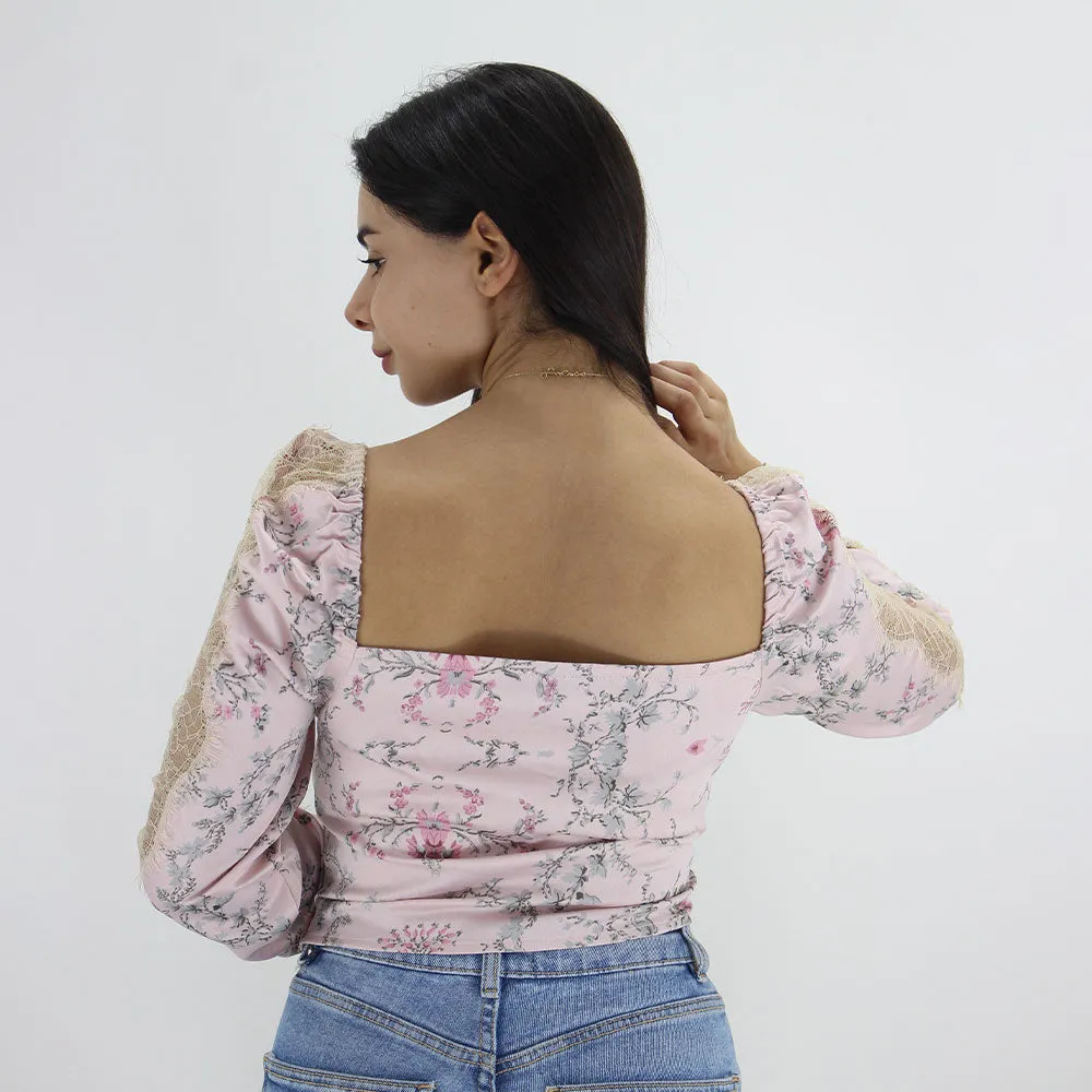Haut à manches en dentelle motif pour femmes, rose clair