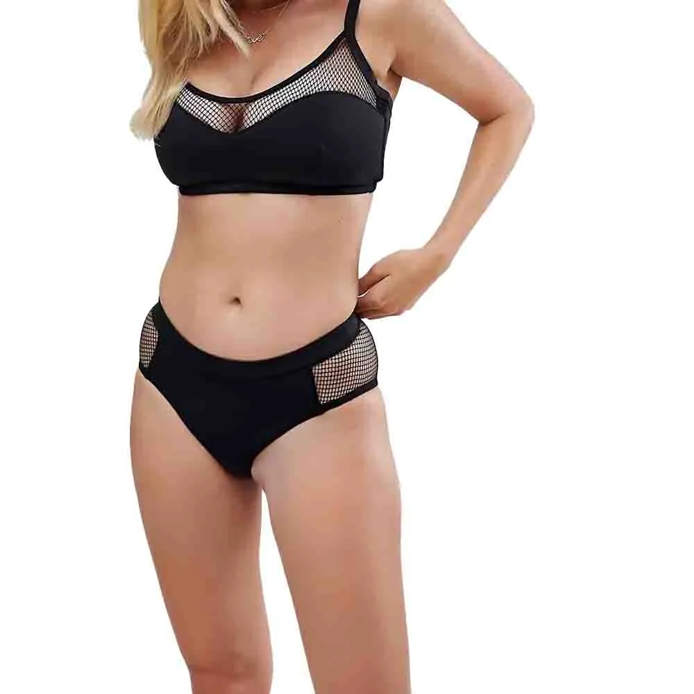 Slip de Bikini Femme à Haute Taille avec Détail en Maille, Noir