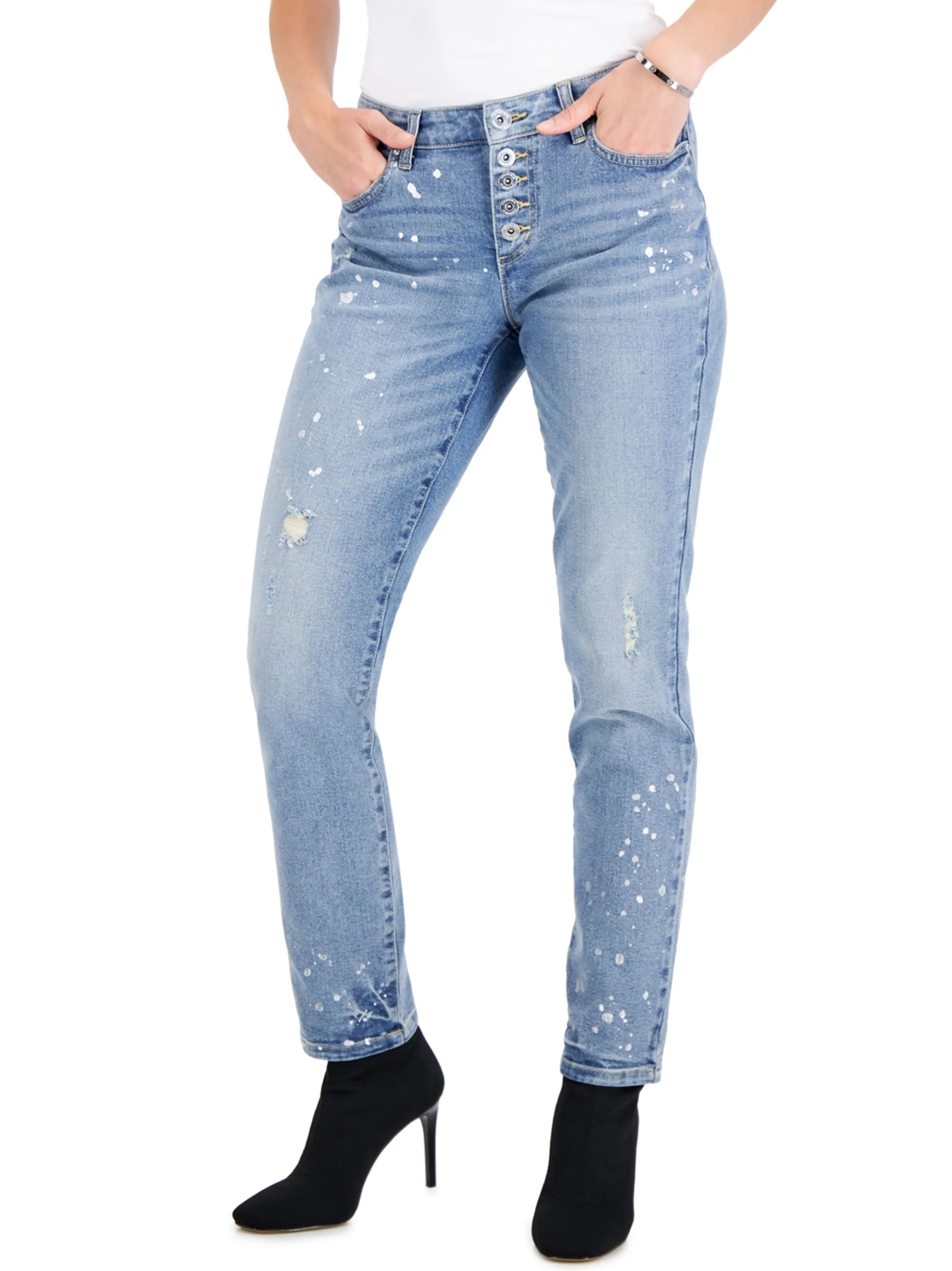 Jeans Femme Lavé avec Éclaboussures de Peinture, Bleu