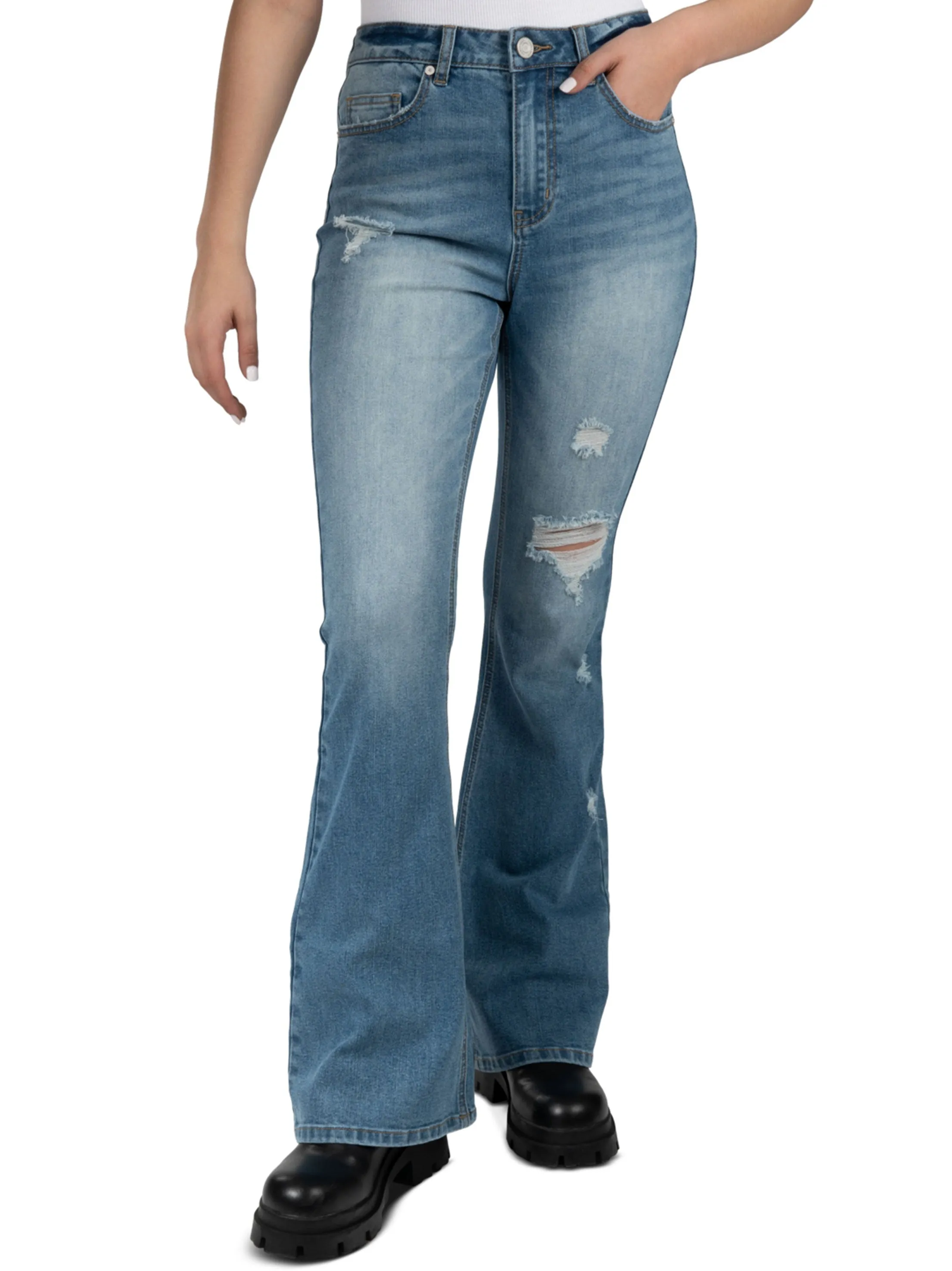 Jeans Flare Délavés Déchirés pour Femme, Bleu