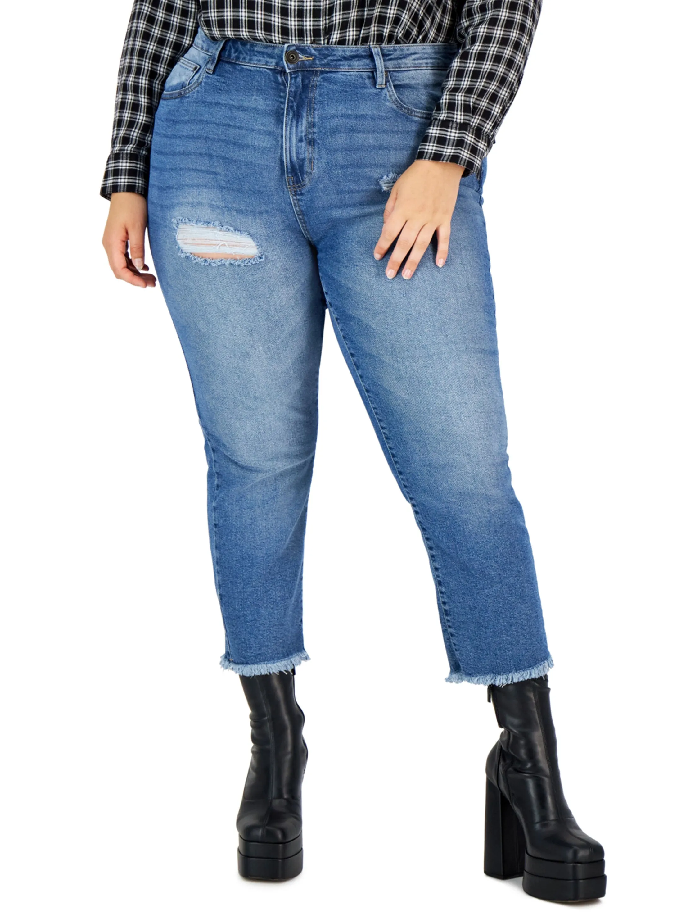 Jeans déchirés lavés effilochés pour femme, Bleu