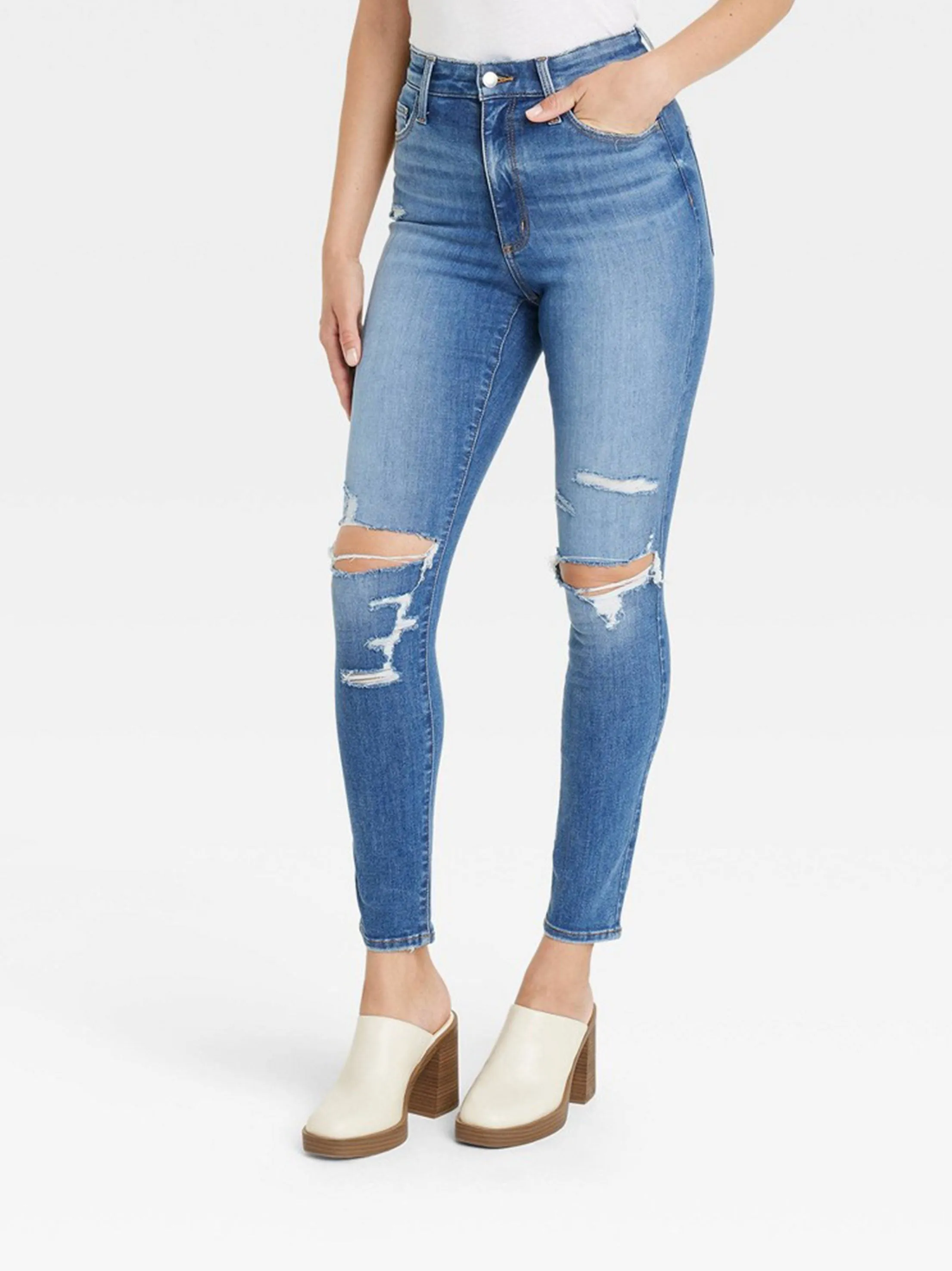 Jeans délavés déchirés pour femme, Bleu