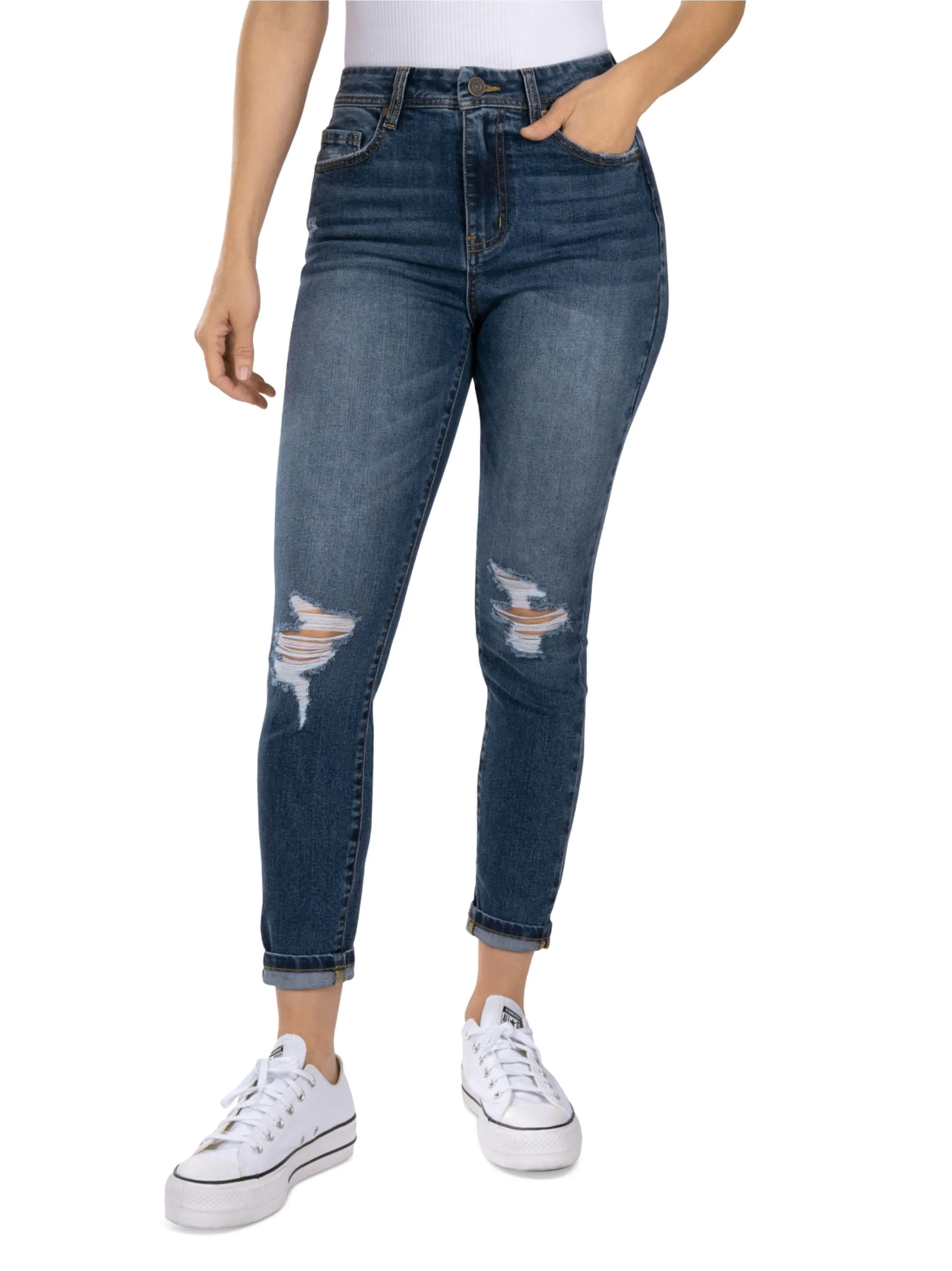 Jeans délavés déchirés pour femme, Bleu