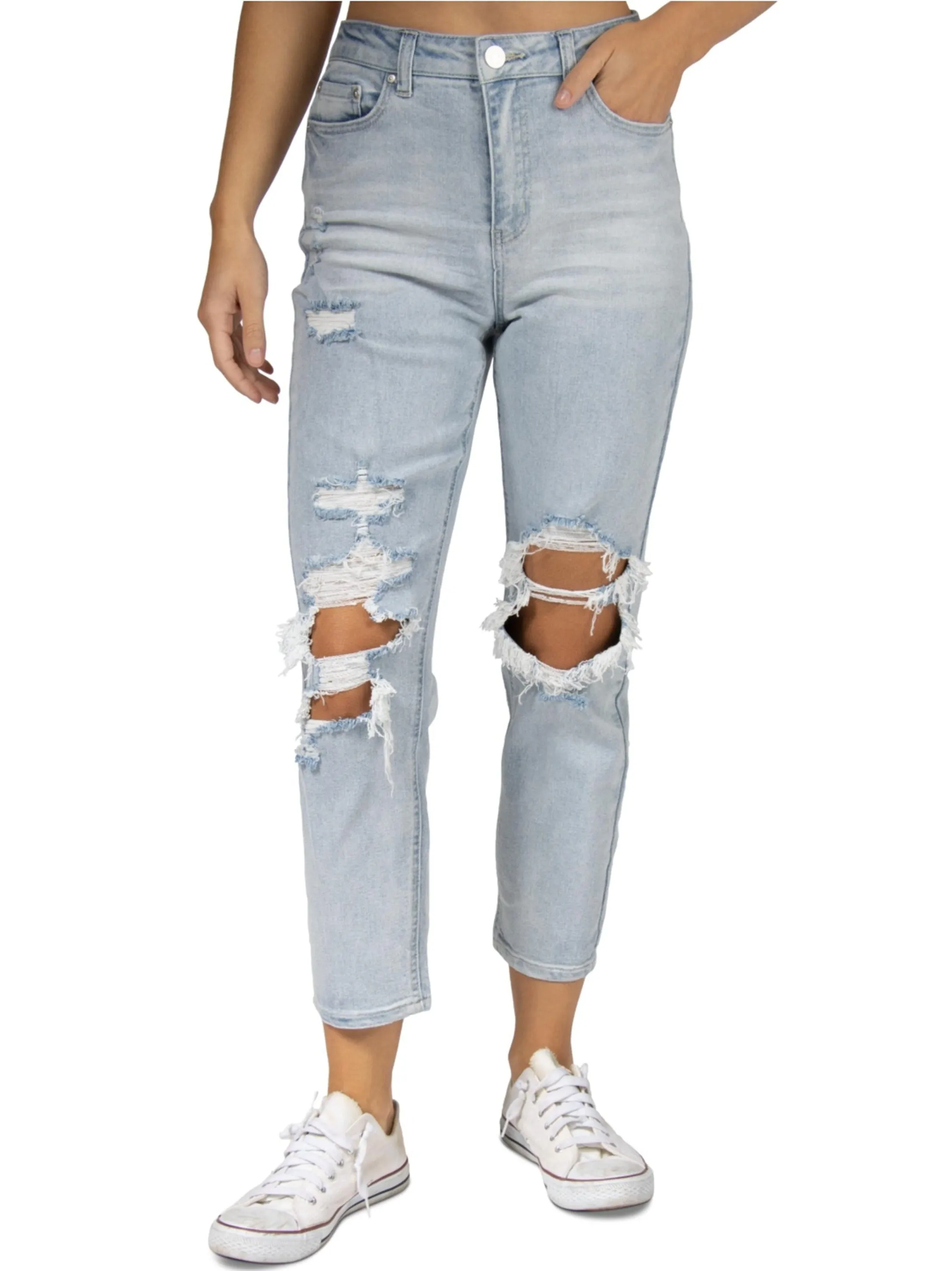 Jeans déchirés lavés pour femme, bleu clair
