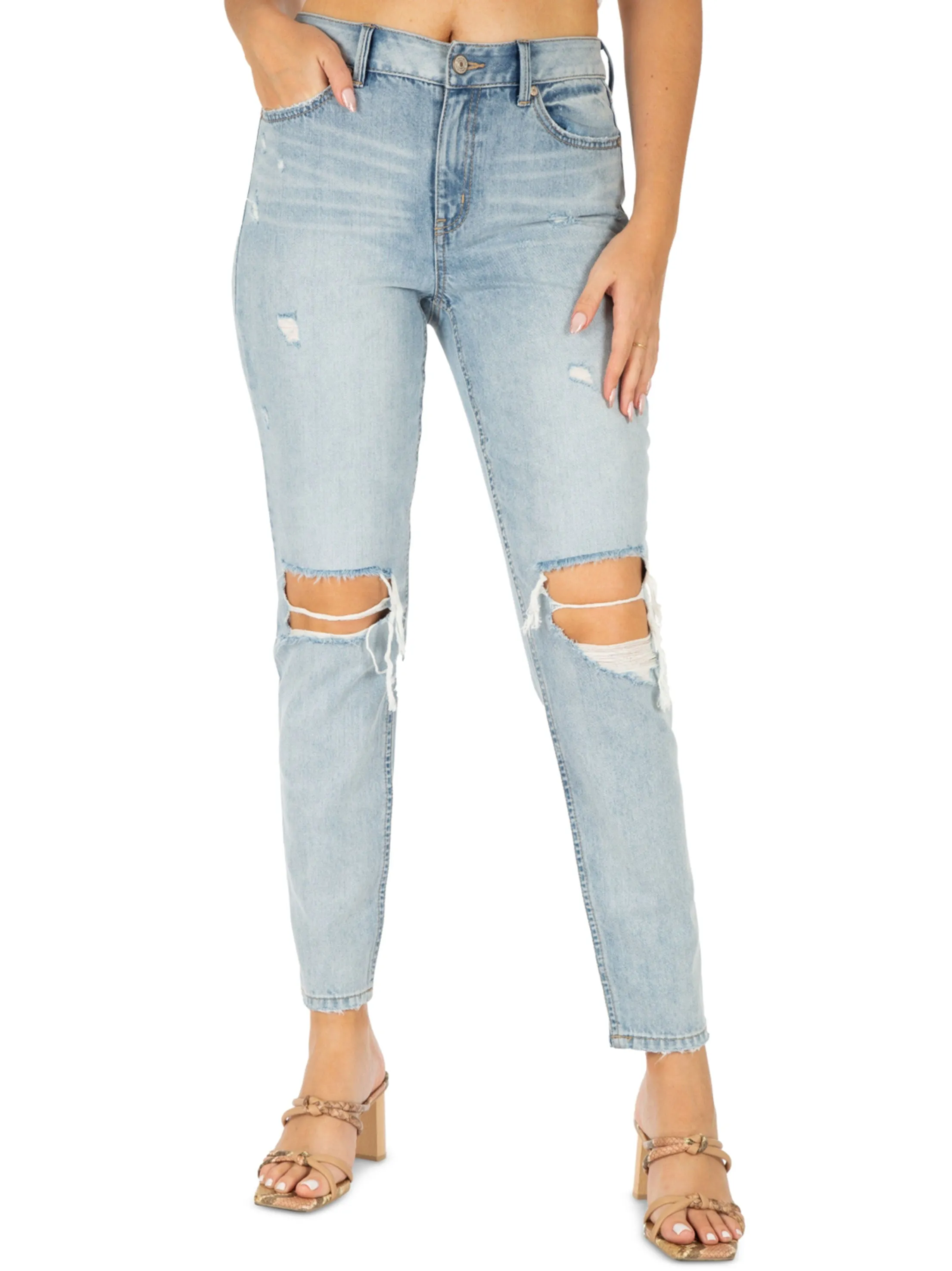 Jeans Maman Délavés Déchirés pour Femme, Bleu Clair