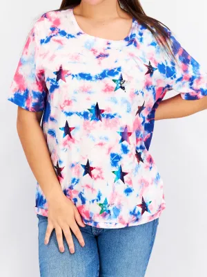 Women's Stars Printed Tie Dye T-Shirt,Multi