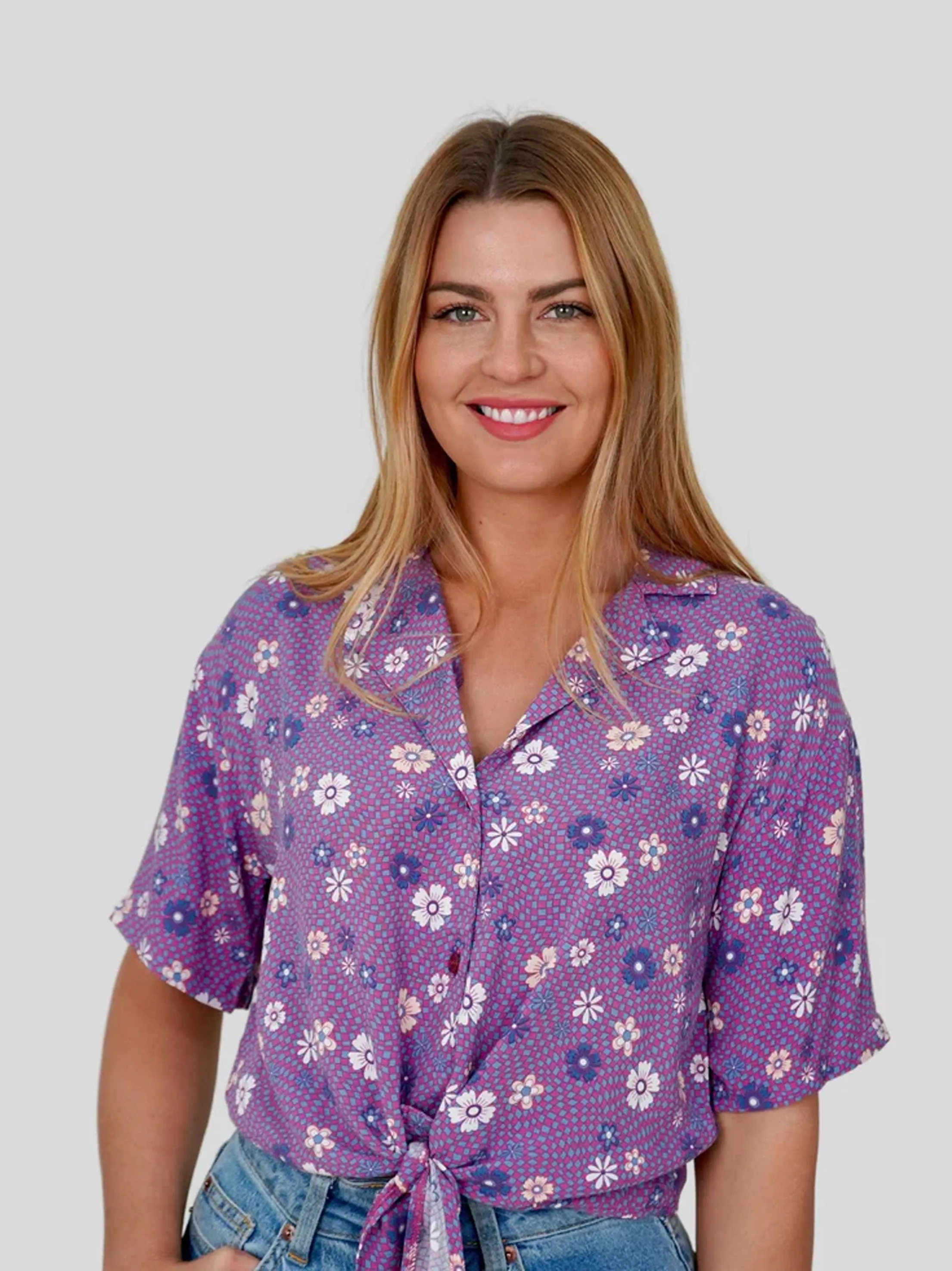 Chemise Femme à Ourlet Noué, Col à Cran, Imprimé Floral/Plaid, Violet