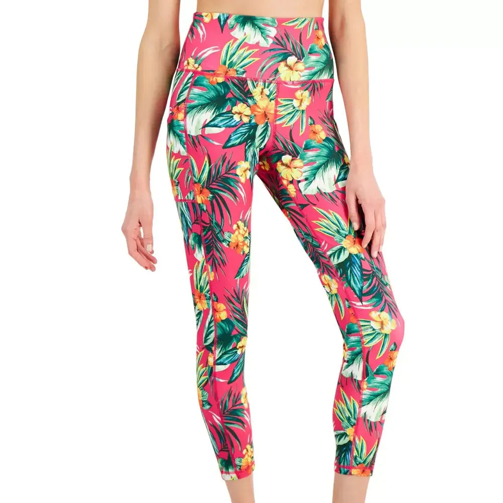 Leggings femme 7/8 tropicaux avec poches latérales, Fuchsia