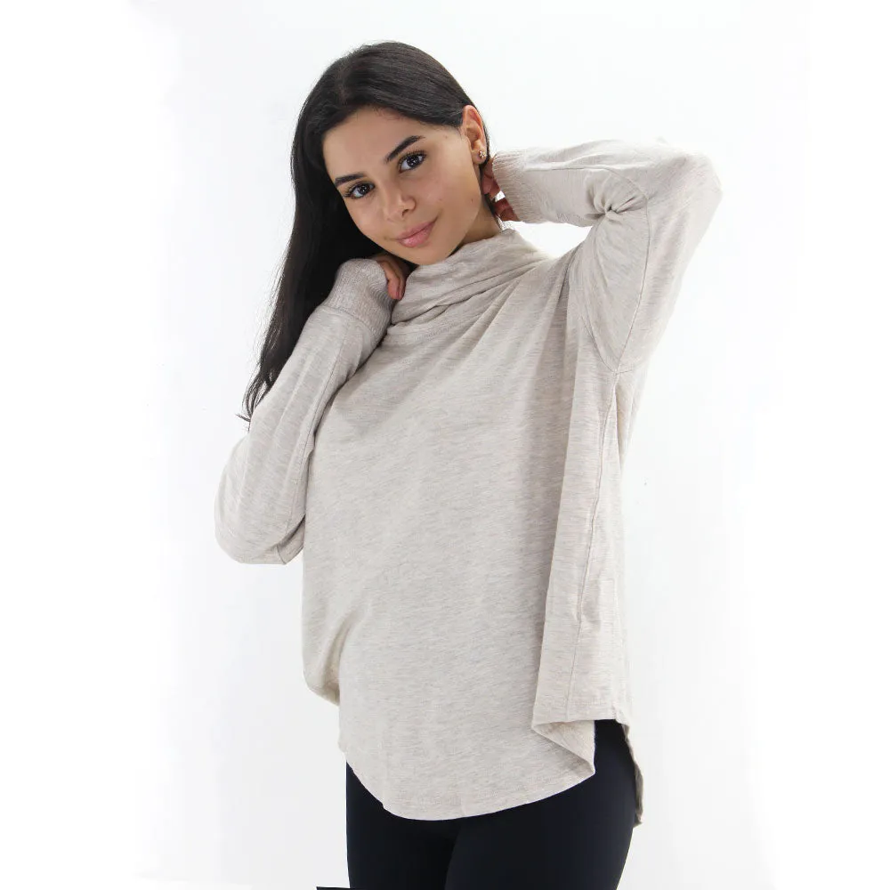 Sweat à col roulé lavé pour femme, Beige