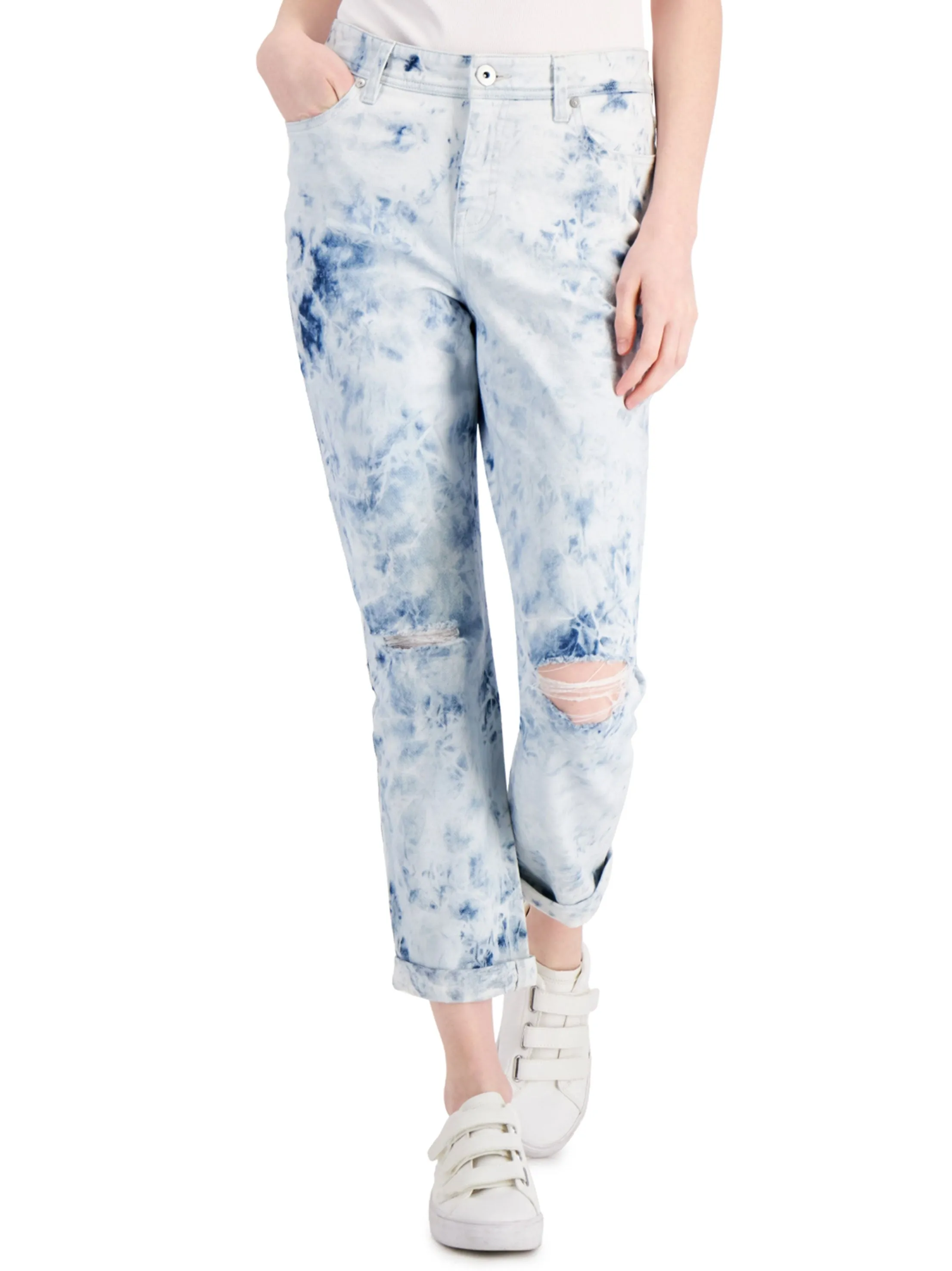 Jeans Boyfriend Délavé et Déchiré pour Femme, Blanc/Bleu