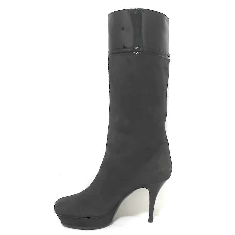 Bottes Plateforme Tribute Yves Saint Laurent en Suède Gris et Noir Verni Taille 38.5