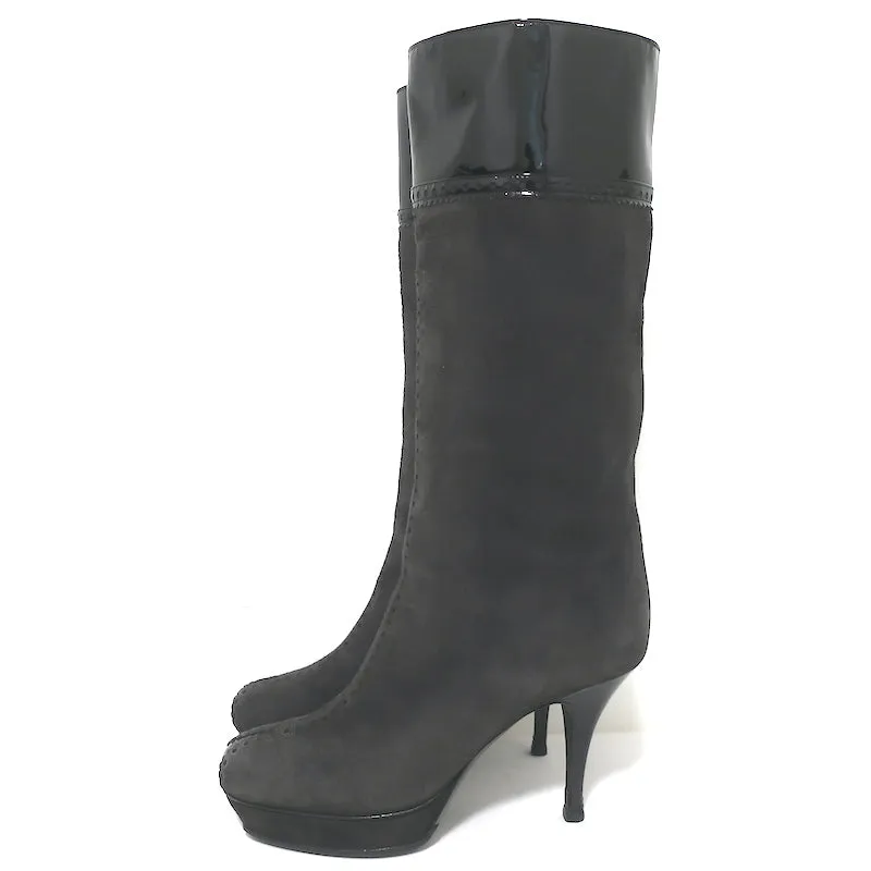 Bottes Plateforme Tribute Yves Saint Laurent en Suède Gris et Noir Verni Taille 38.5