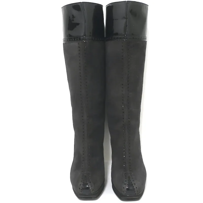 Bottes Plateforme Tribute Yves Saint Laurent en Suède Gris et Noir Verni Taille 38.5