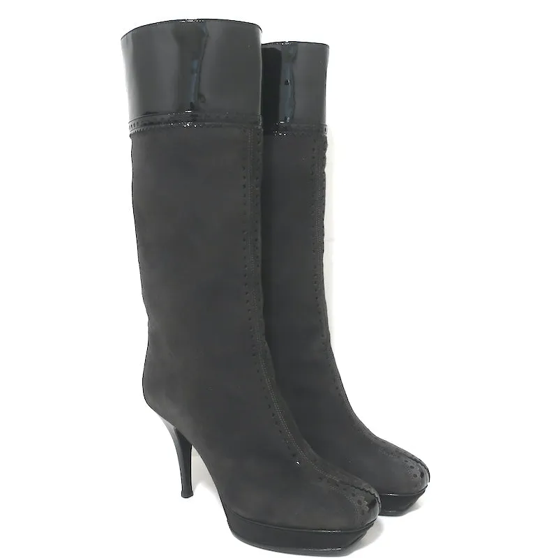 Bottes Plateforme Tribute Yves Saint Laurent en Suède Gris et Noir Verni Taille 38.5